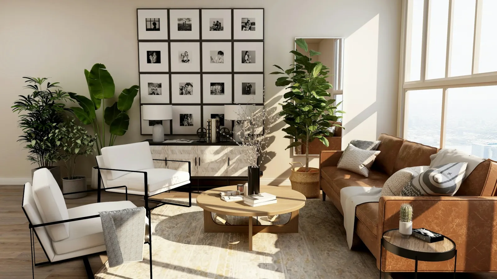 Salón luminoso con plantas, sillones y materiales naturales
