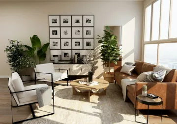 Salón luminoso con plantas, sillones y materiales naturales