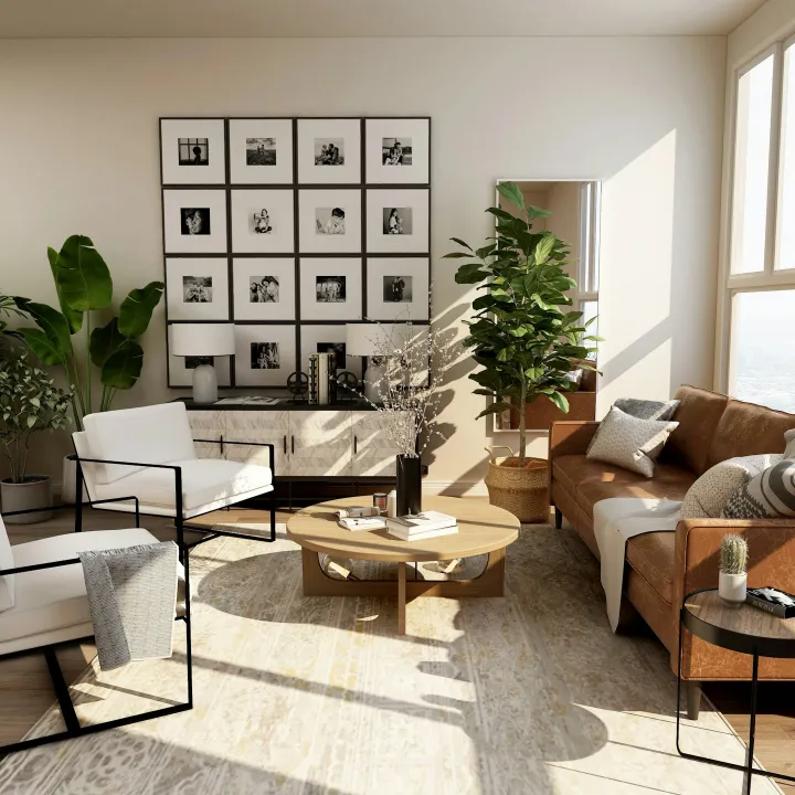 Salón luminoso con plantas, sillones y materiales naturales